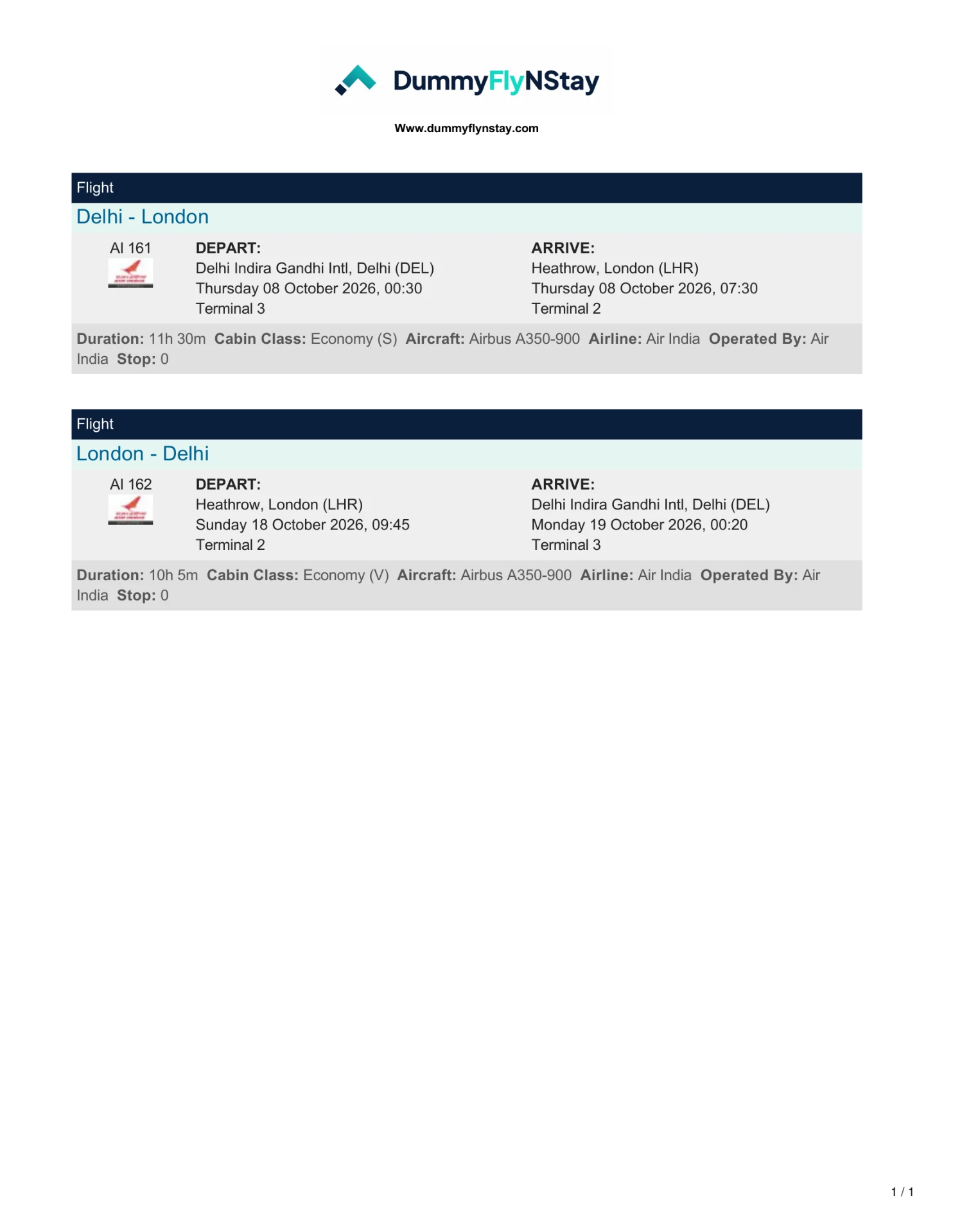 Sample flight reservation Delhi to London