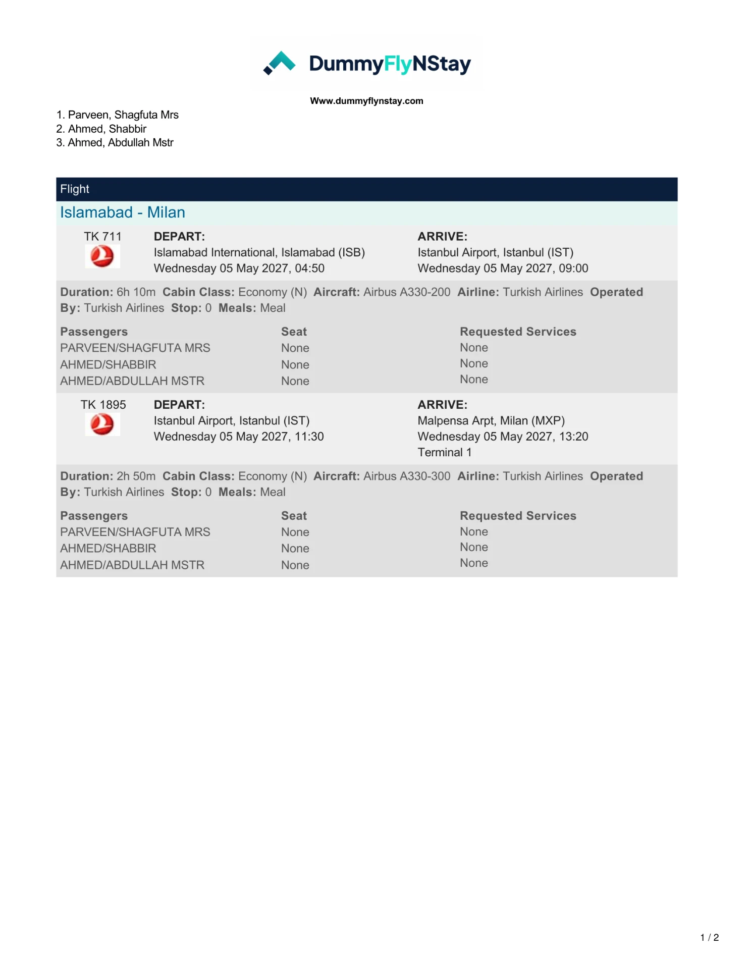Sample flight reservation Islamabad to Milan